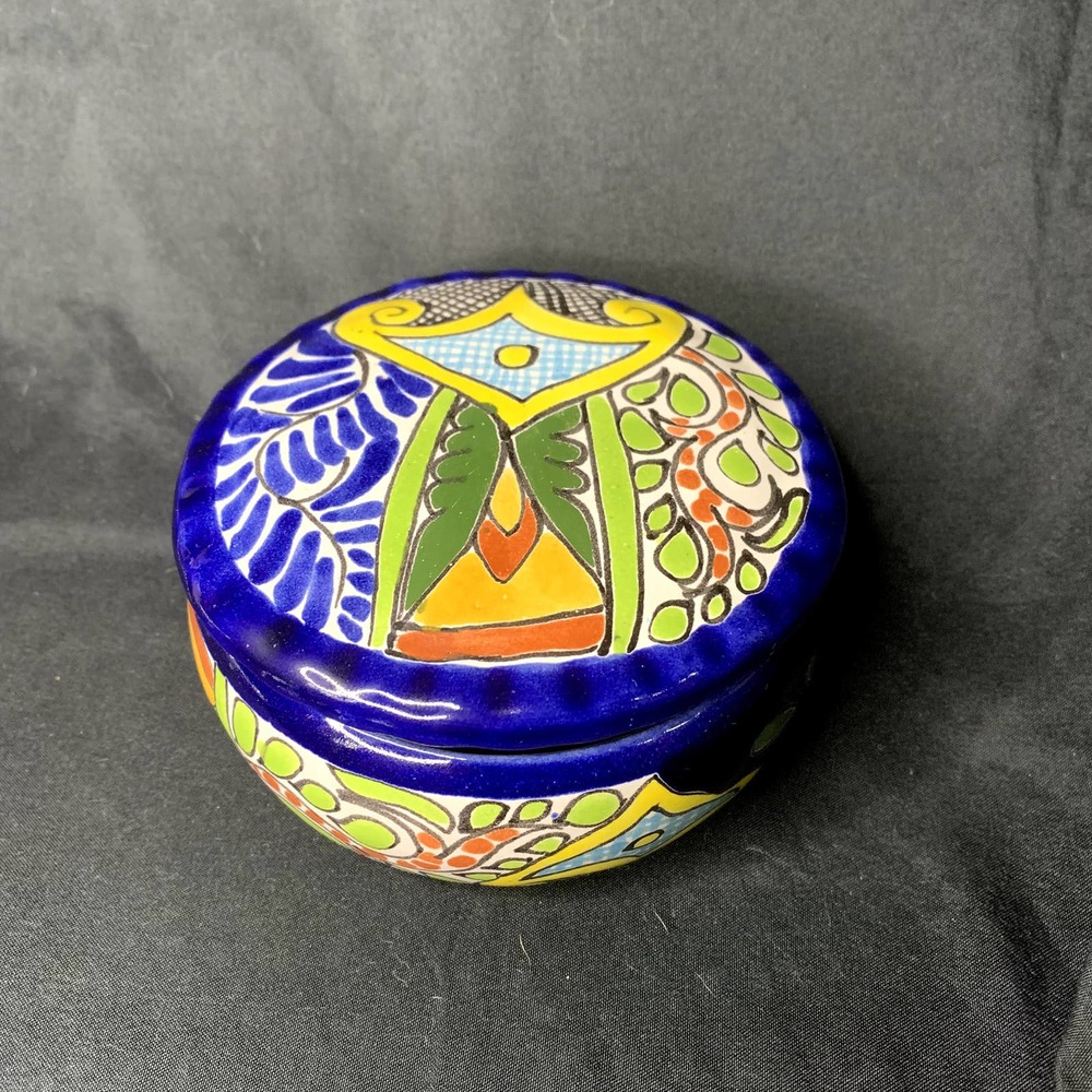 Colorful Talalvera Hand Painted Trinket Box w/Lid